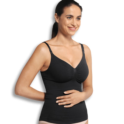 A black nursing top featuring straps and a cross-over neckline, designed for comfort and shapewear support.