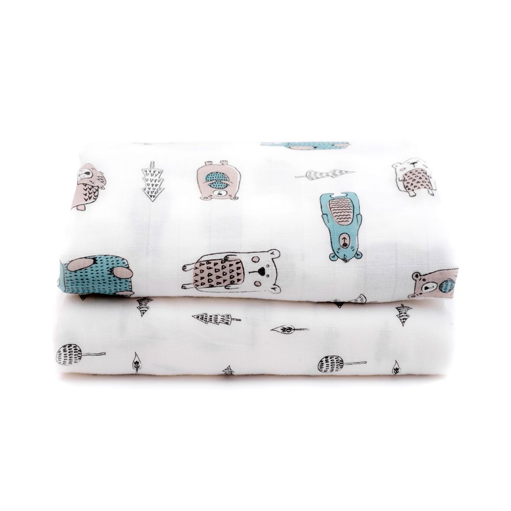 Pack of 2 Purflo musin squares with woodland animals print.