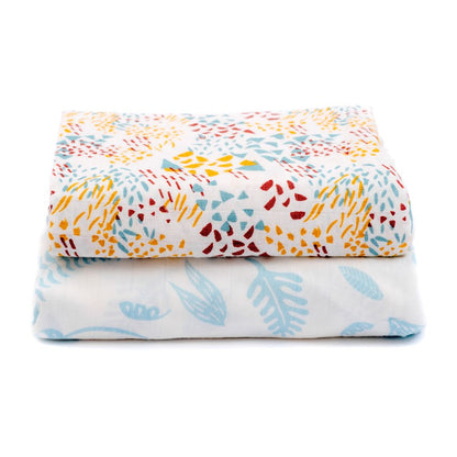 Pack of 2 Purflo musin squares with jungle leaves print.