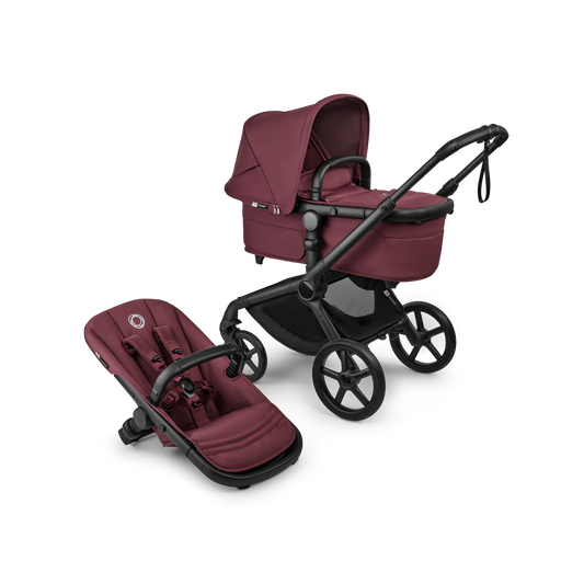 The dark cherry Bugaboo Fox5 pushchair, equipped with a seat and carrycot fabric, offers a compact fold for all-terrain use.