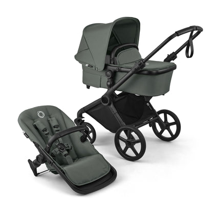 Bugaboo Cub stroller and carrycot in forest green with black chassis.
