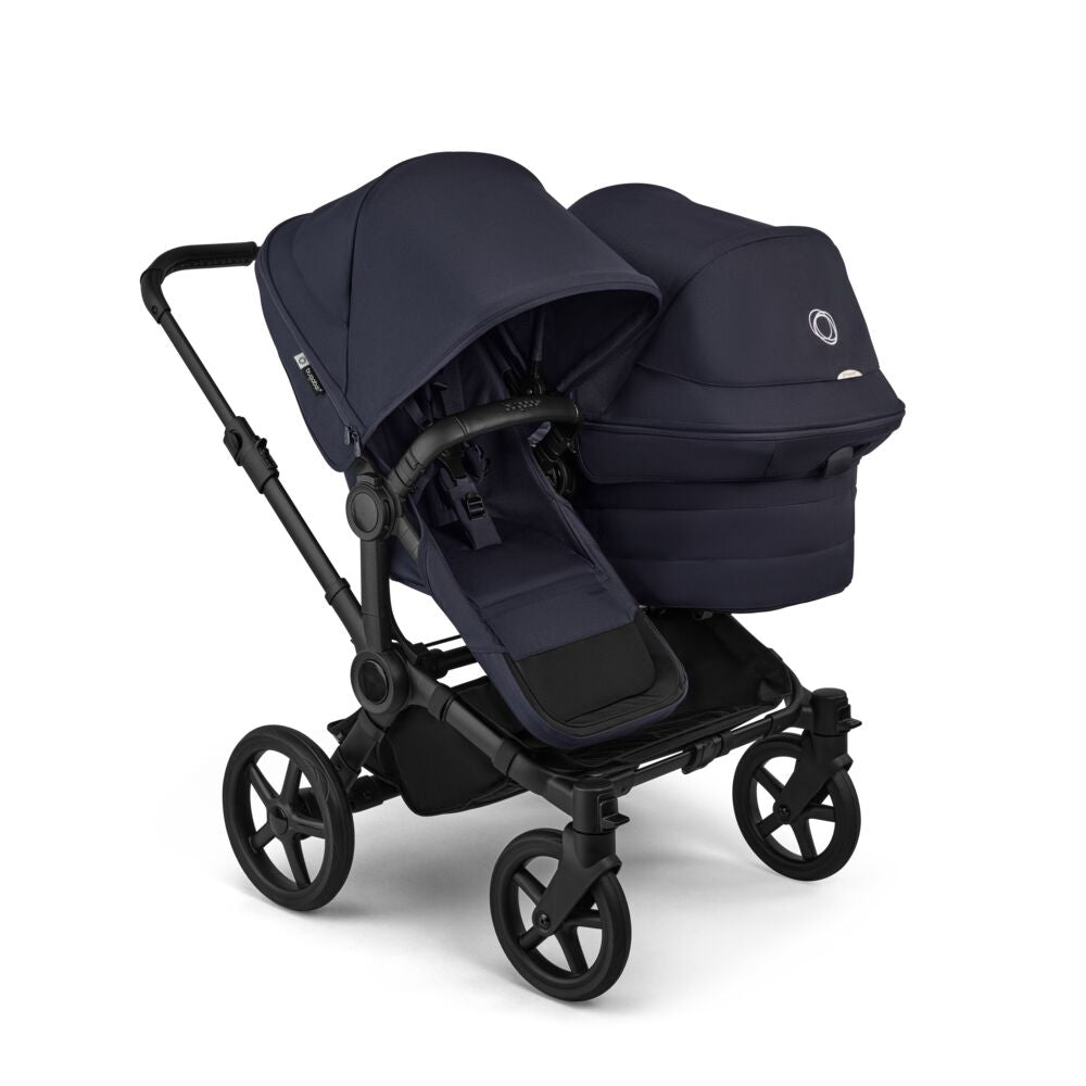 Bugaboo Donkey double travel system in deep indigo navy colour with cybex cloud s car seat and isofix base.