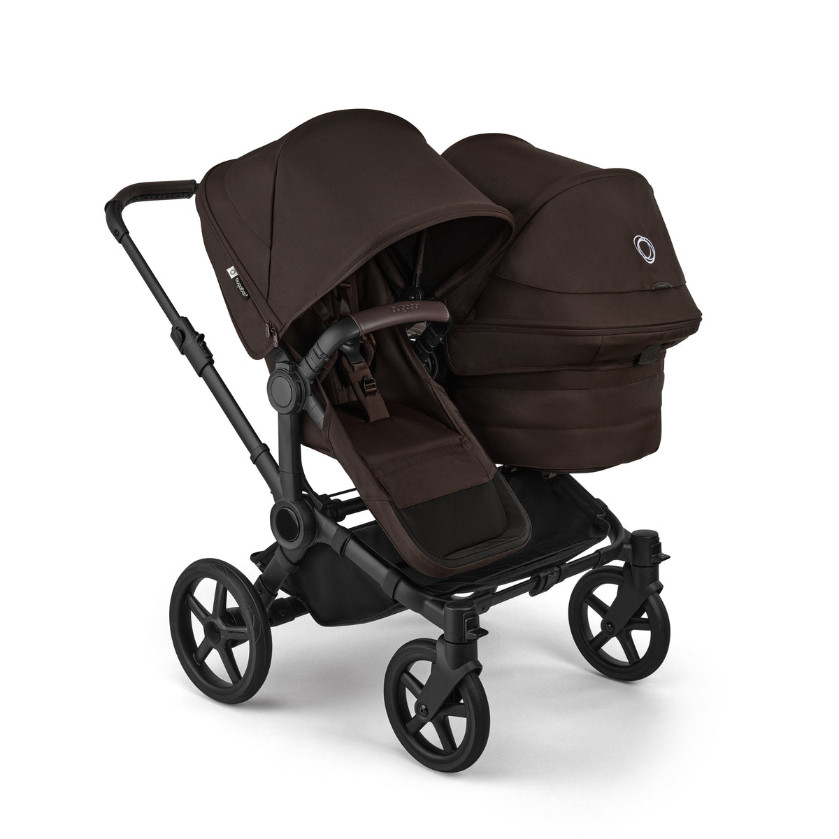 Bugaboo Donkey double travel system in cocoa brown colour with cybex cloud s car seat and isofix base.
