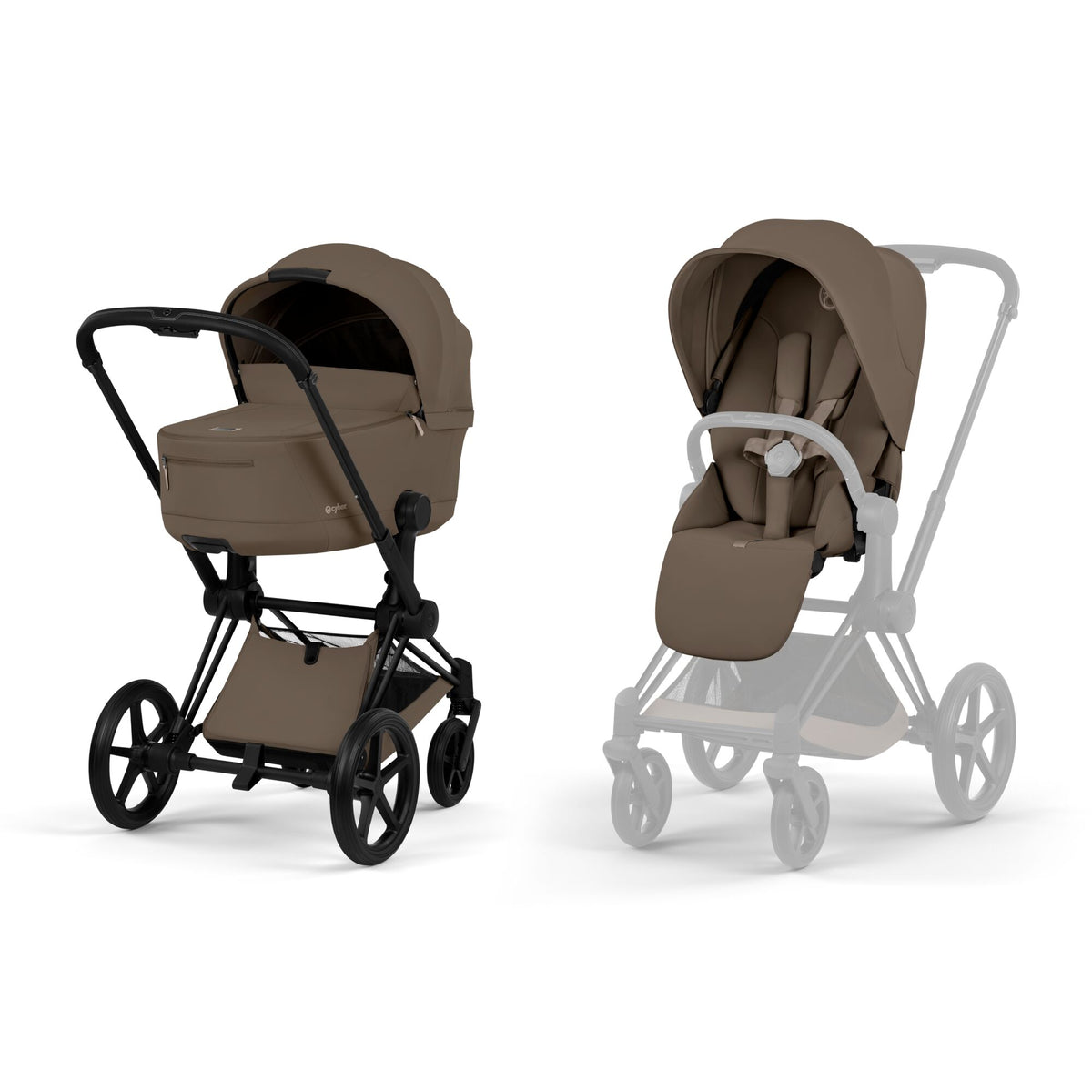 Cybex Priam Pushchair & carrycot in Coconut Brown colourway, complete with all babies essential including car seat, tripp trapp highchair, crib and bath.