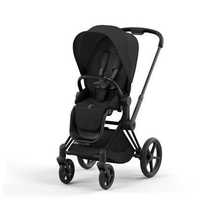 Cybex Priam matt black chassis with black handle and sepia black seat pack.