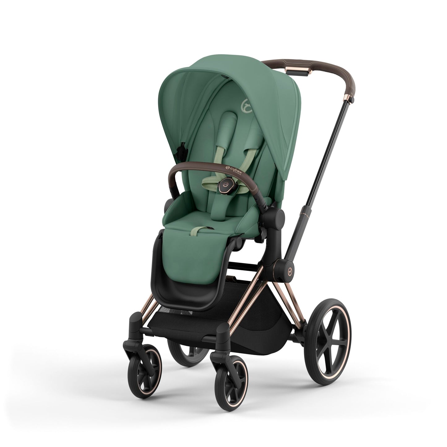 Cybex Priam rose gold chassis with bdark brown handle and leaf green seat pack.