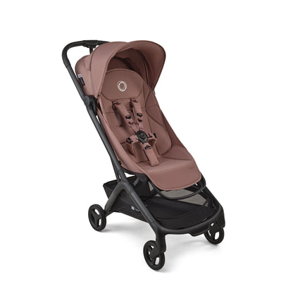 Bugaboo butterfly 2 stroller in dusty pink fabrics on a black chassis.