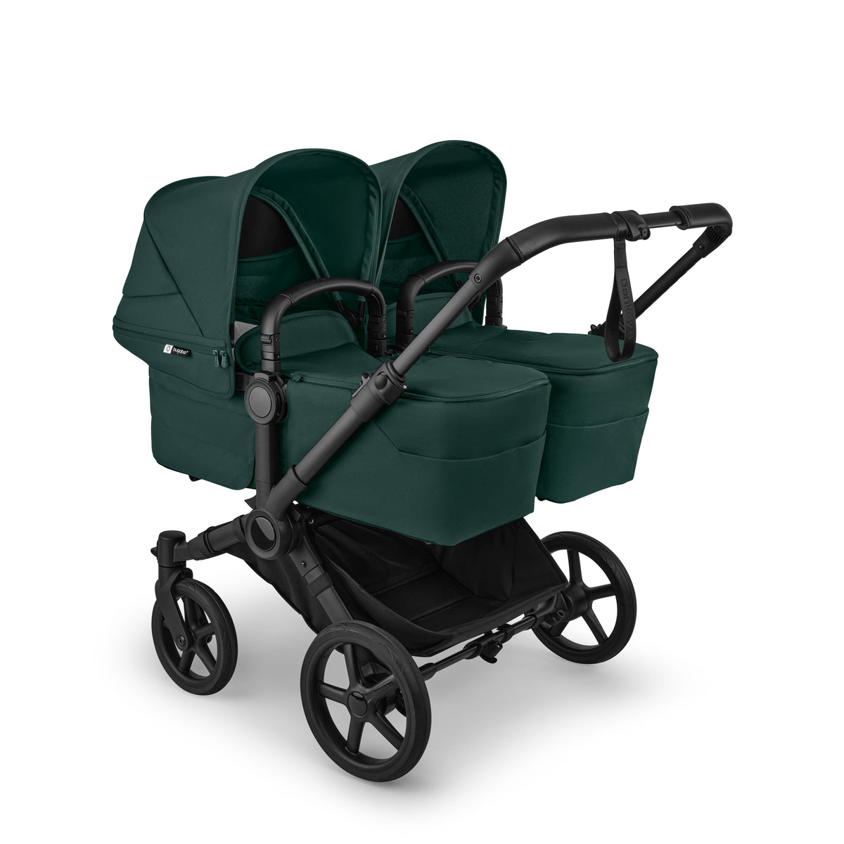 Bugaboo Donkey Twin travel system in fern green colour with matching accessories and cybex cloud s car seats and isofix bases.