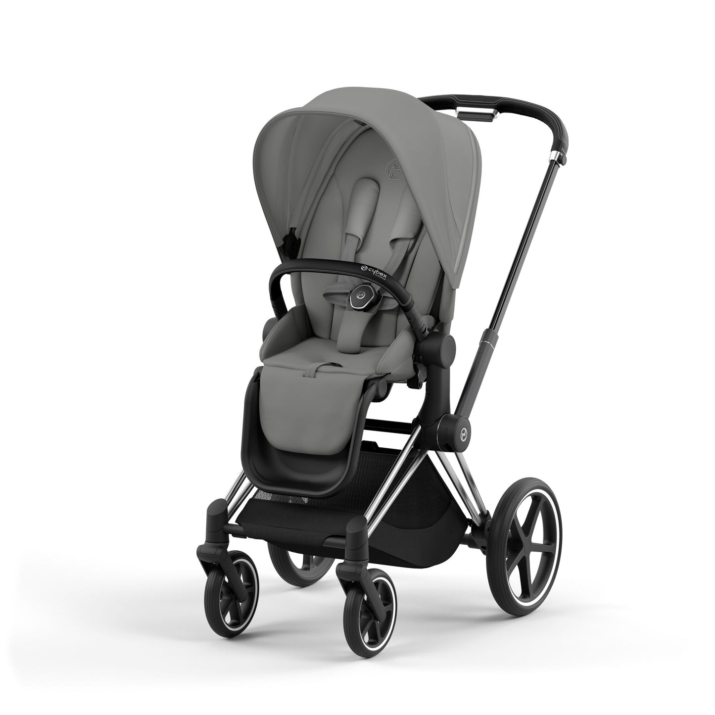 Cybex Priam matt black chassis with black handle and mirage grey seat pack.