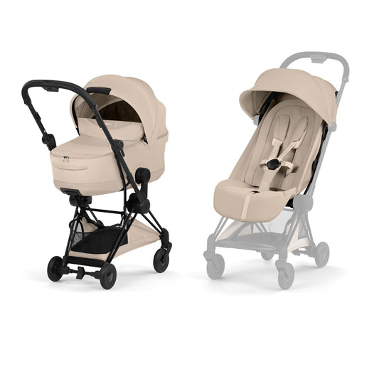 Cybex Coya Pushchair and carrycot in cozy beige colourway on a matt black chassis.
