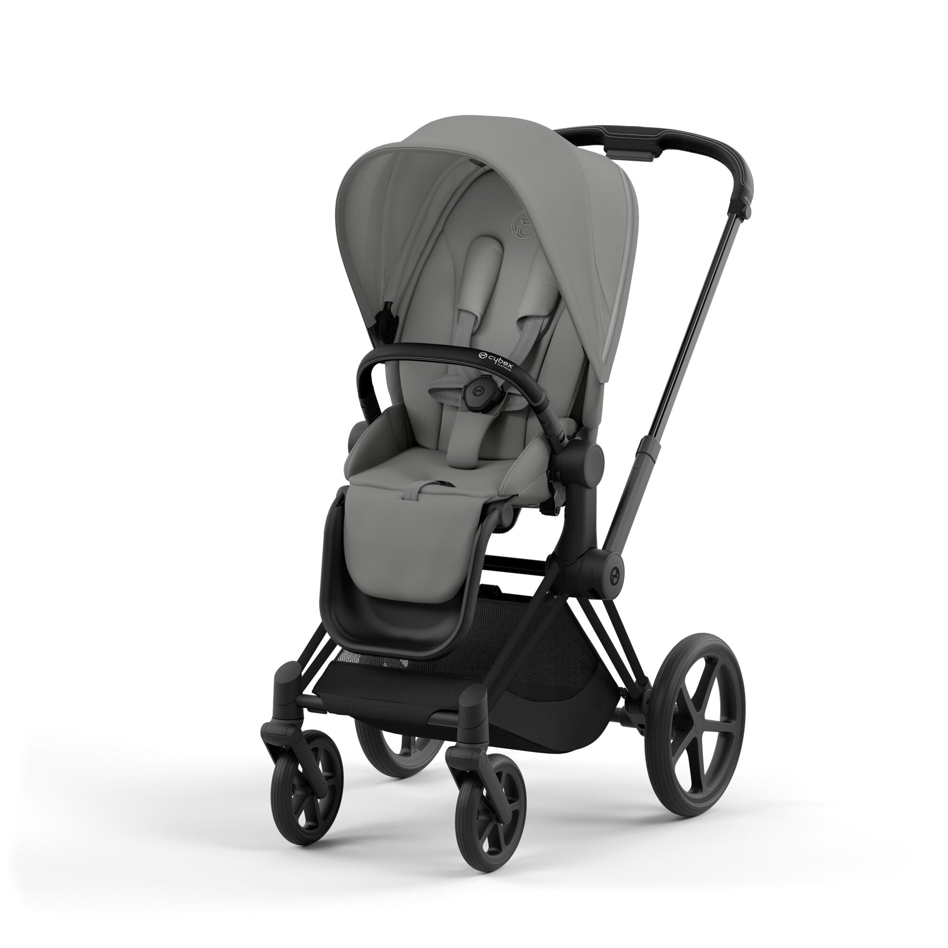 Cybex Priam matt black chassis with black handle and mirage grey seat pack.