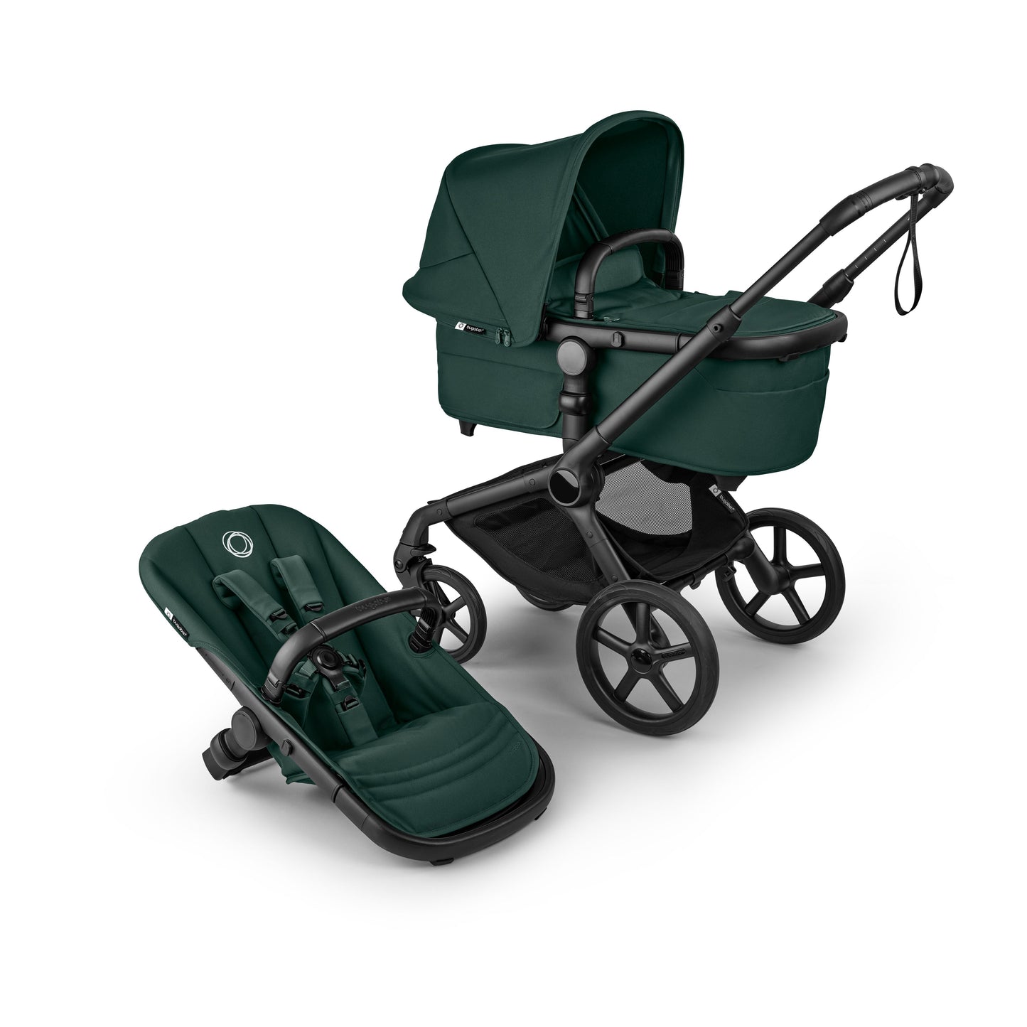 Bugaboo Fox 5  Renew Complete Bundle in fern green colourway with cybex aton b2 car seat and base.