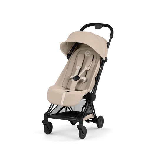 Cybex Coya Pushchair in cozy beige colourway on a matt black chassis.