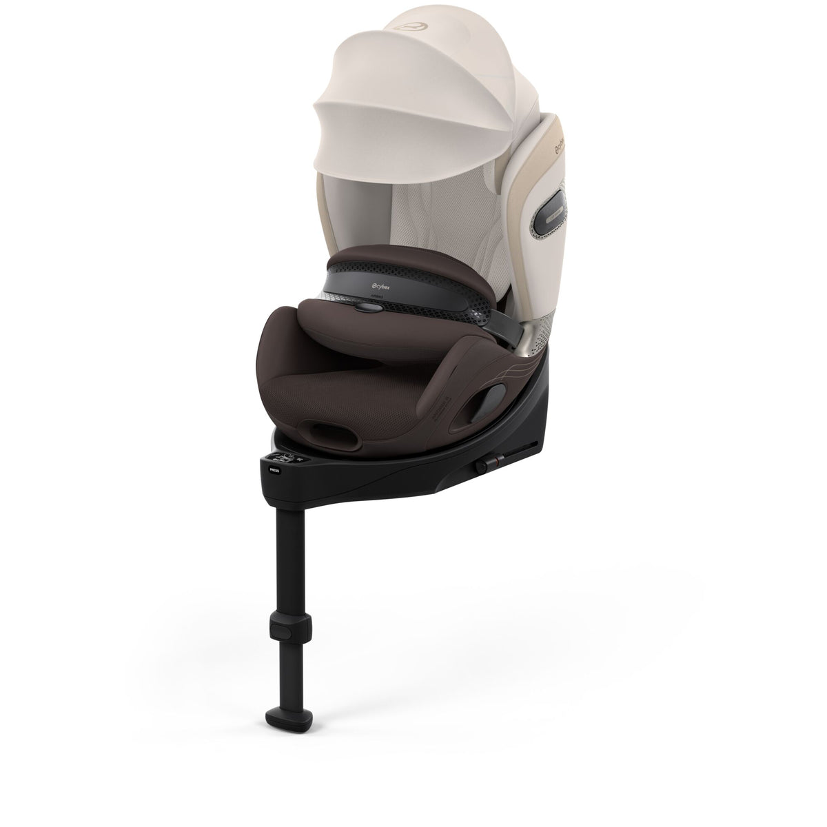 Cybex anoris Si car seat with airbag in amber brown colour, with isofix base attatched.