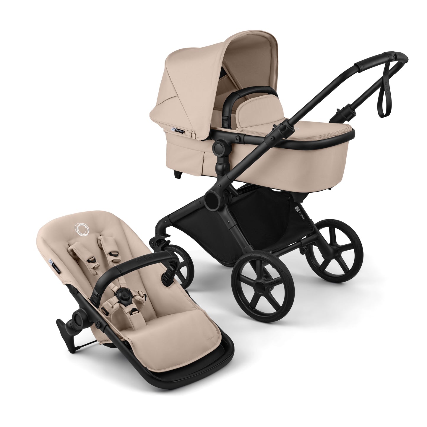 Bugaboo Cub stroller and carrycot in desert taupe beige with black chassis.