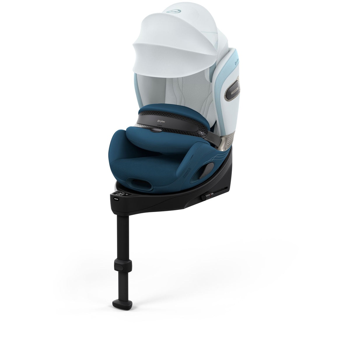 Cybex anoris Si car seat with airbag in opal blue style colour, with isofix base attatched.
