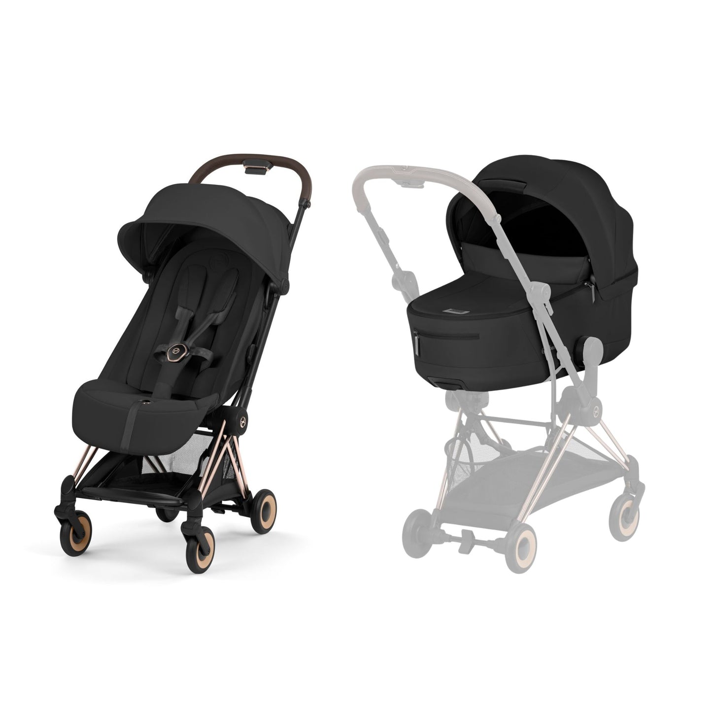 Cybex Coya Pushchair and carrycot in sepia black colourway on a rose gold chassis.