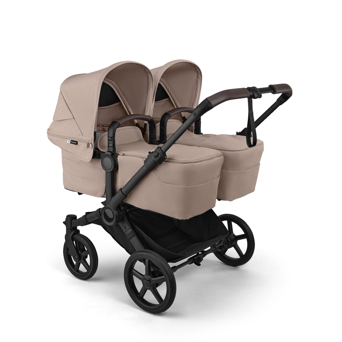 Bugaboo Donkey Twin travel system in desert taupe beige colour with matching accessories and cybex cloud s car seats and isofix bases.