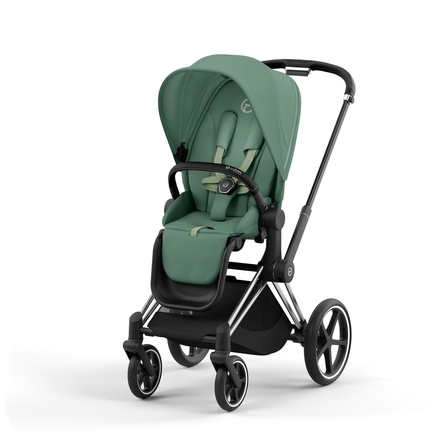 Cybex Priam chrome chassis with black handle and leaf green seat pack.