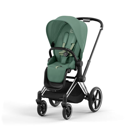 Cybex Priam chrome chassis with black handle and leaf green seat pack.