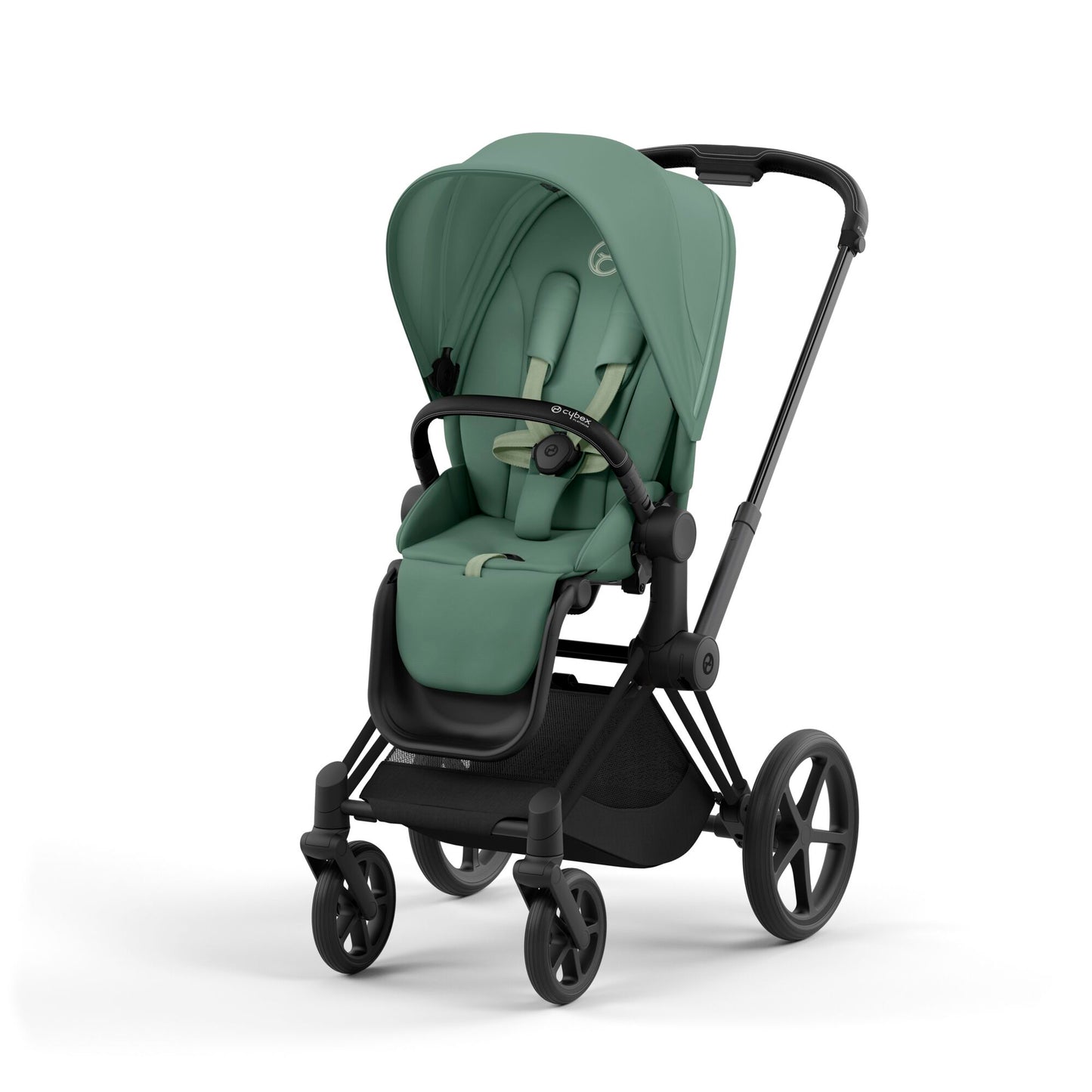 Cybex Priam matt black chassis with black handle and leaf green seat pack.