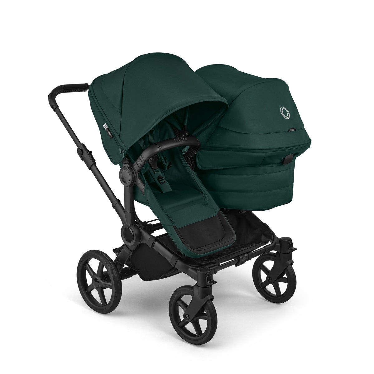 Bugaboo Donkey double travel system in fern dark green colour with cybex cloud s car seat and isofix base.