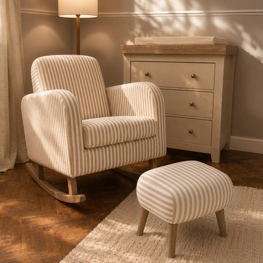 CuddleCo etta nursing chair and matching stool in beach stripe beige colour.