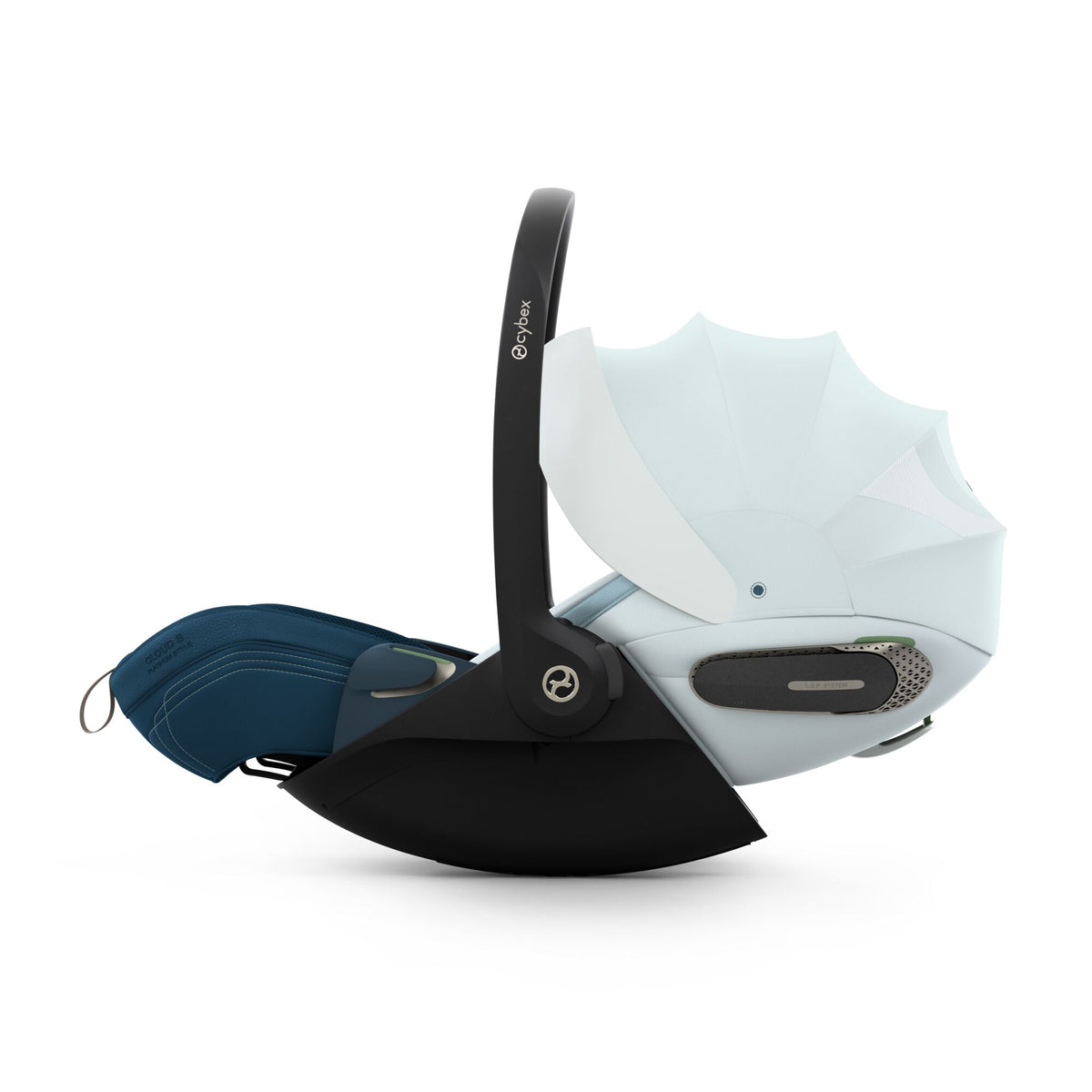 Cybex cloud s car seat in opal blue colour, with recline function.