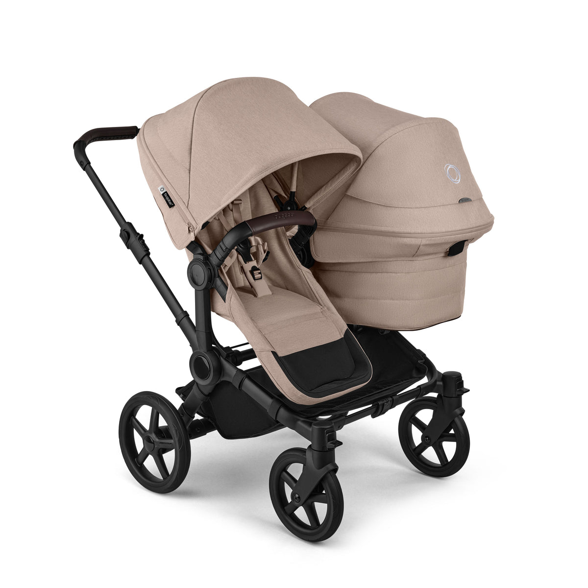 Bugaboo Donkey double travel system in desert taupe beige colour with cybex cloud s car seat and isofix base.