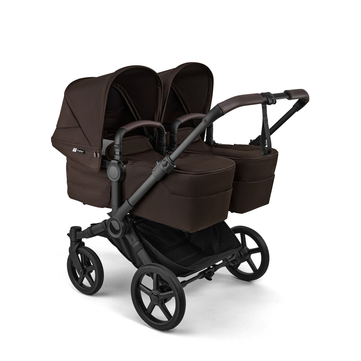 Bugaboo Donkey Twin travel system in cocoa brown colour with matching accessories and cybex cloud s car seats and isofix bases.