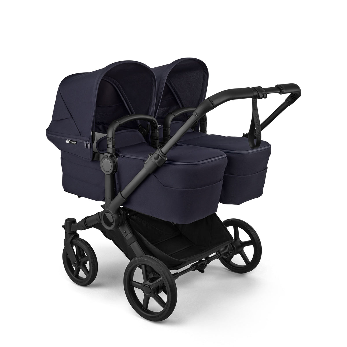 Bugaboo Donkey Twin travel system in deep indigo navy colour with matching accessories and cybex cloud s car seats and isofix bases.