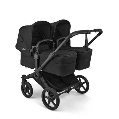 Bugaboo Donkey Twin travel system in heritage black colour with matching accessories and cybex cloud s car seats and isofix bases.