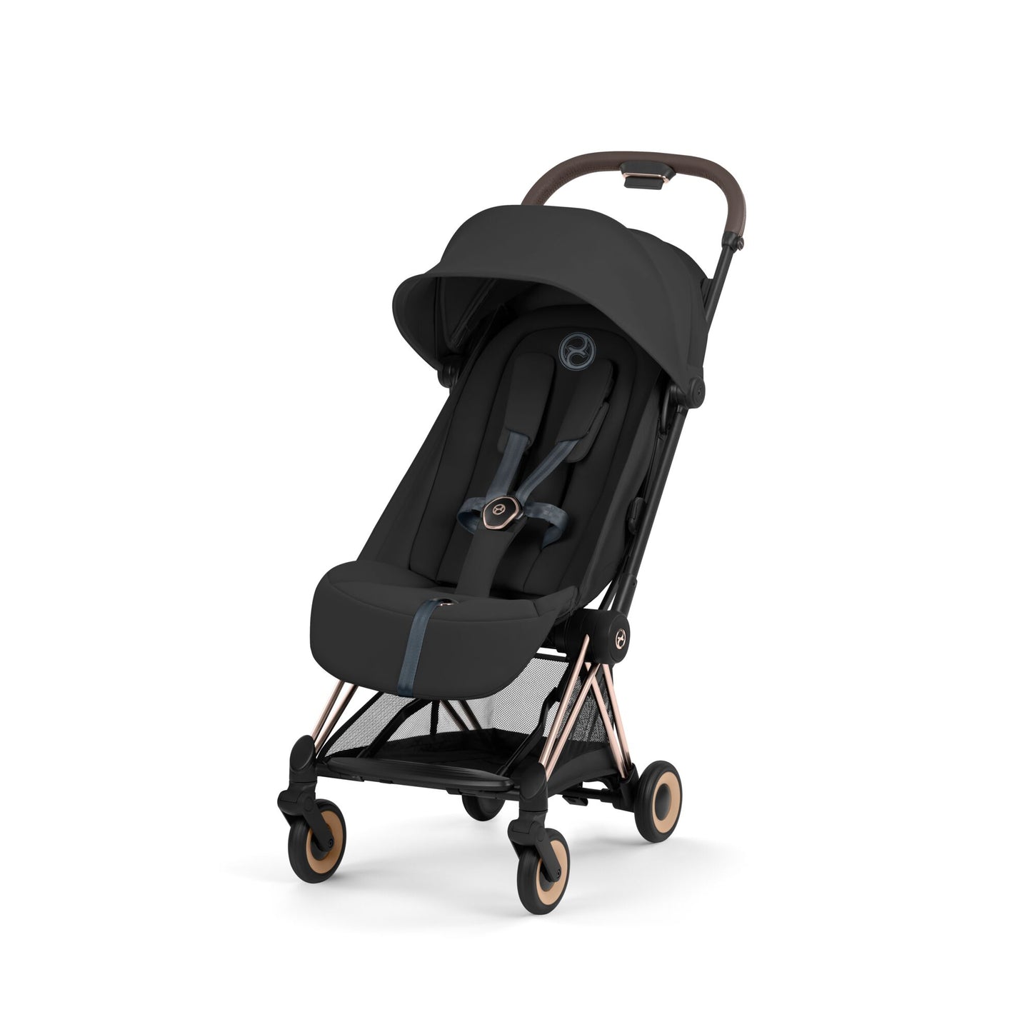 Cybex Coya Pushchair in sepia black colourway on a rose gold chassis.