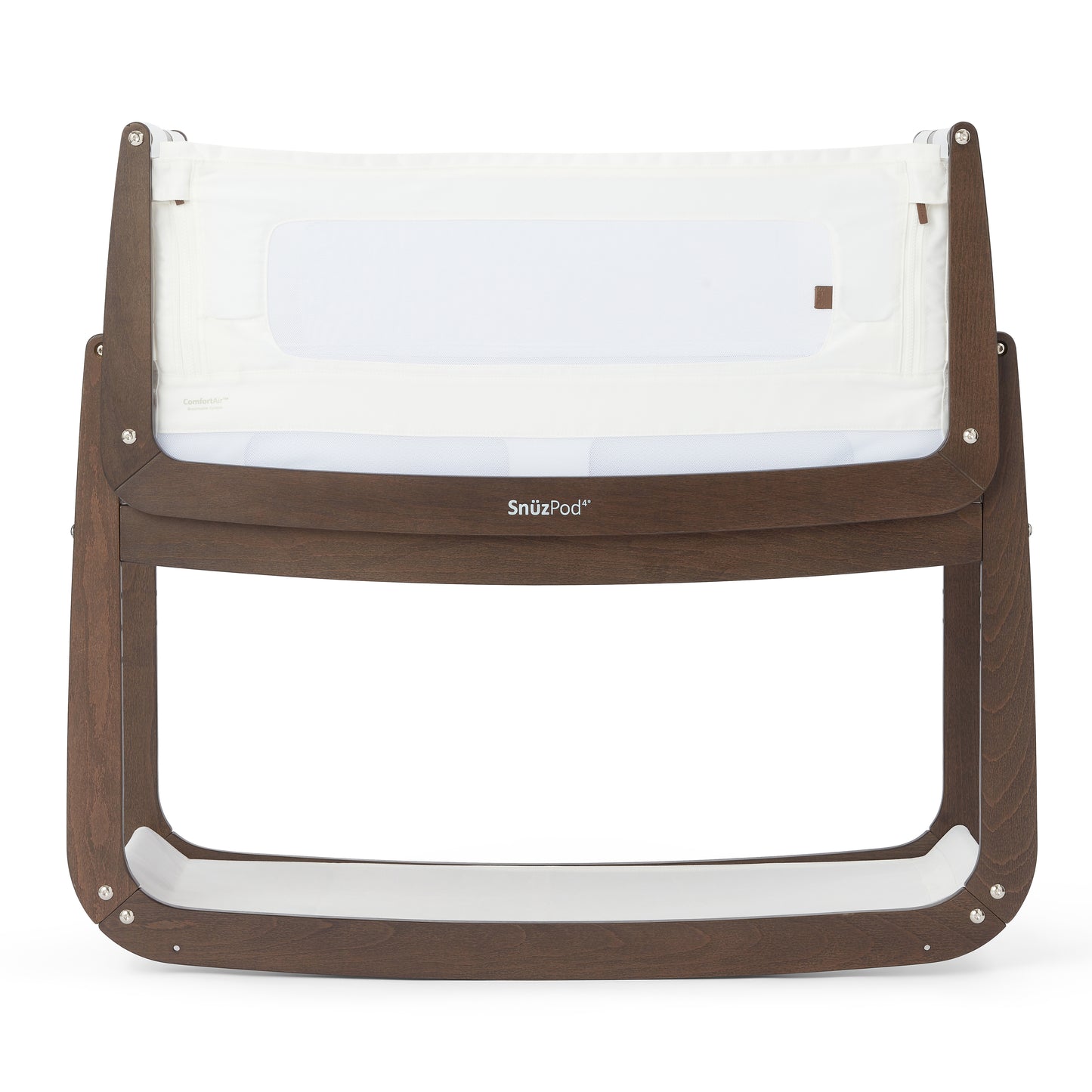 A Ebony Snuzpod bedside crib designed for infants, showcasing a modern and safe sleeping environment.