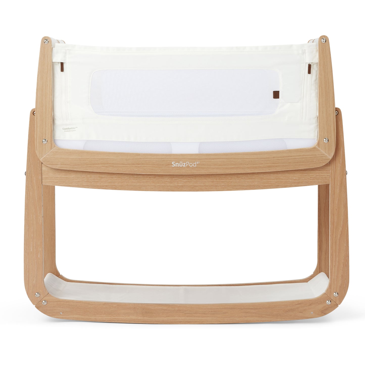 A Oak Natural Snuzpod bedside crib designed for infants, showcasing a modern and safe sleeping environment.