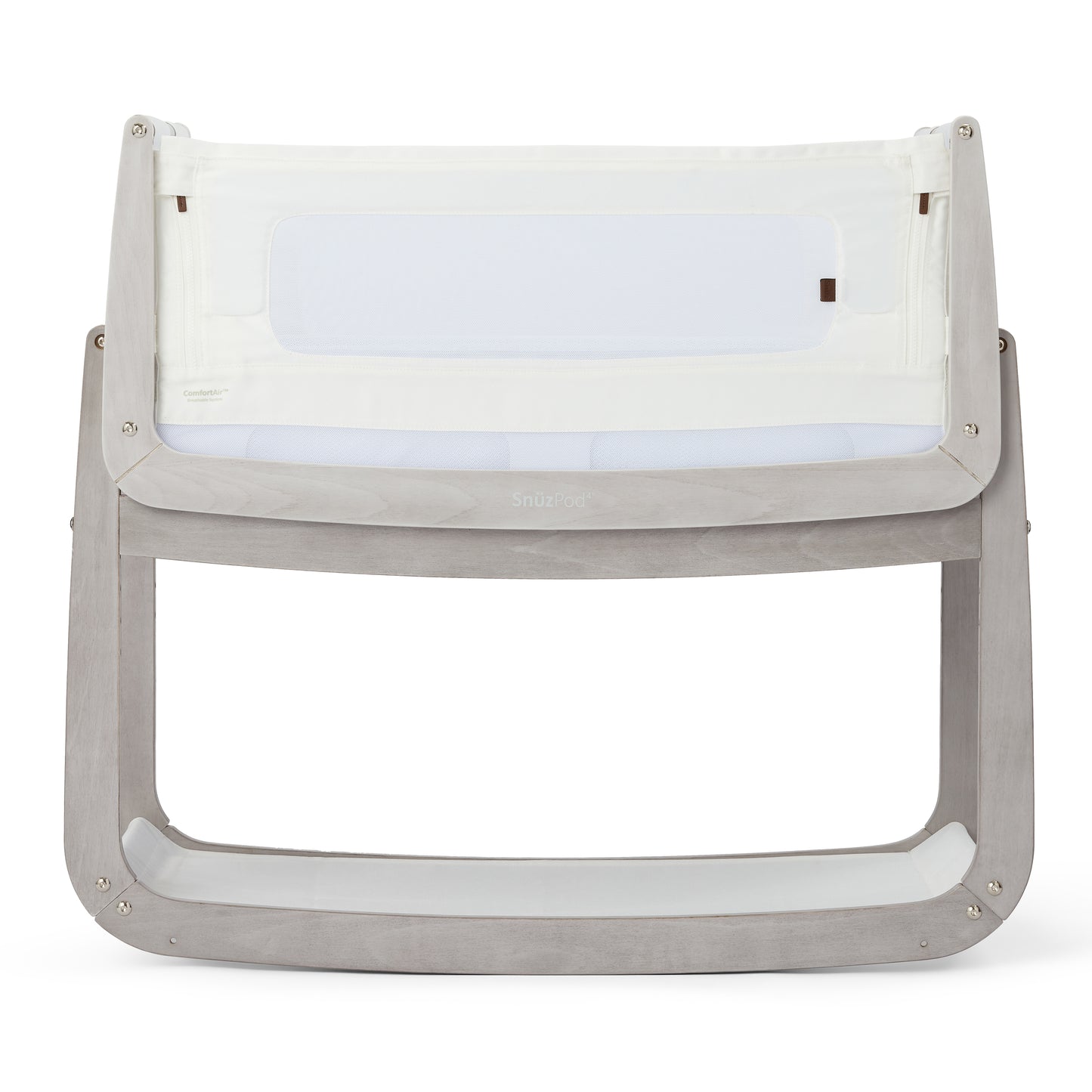 A Silver Birch Snuzpod bedside crib designed for infants, showcasing a modern and safe sleeping environment.