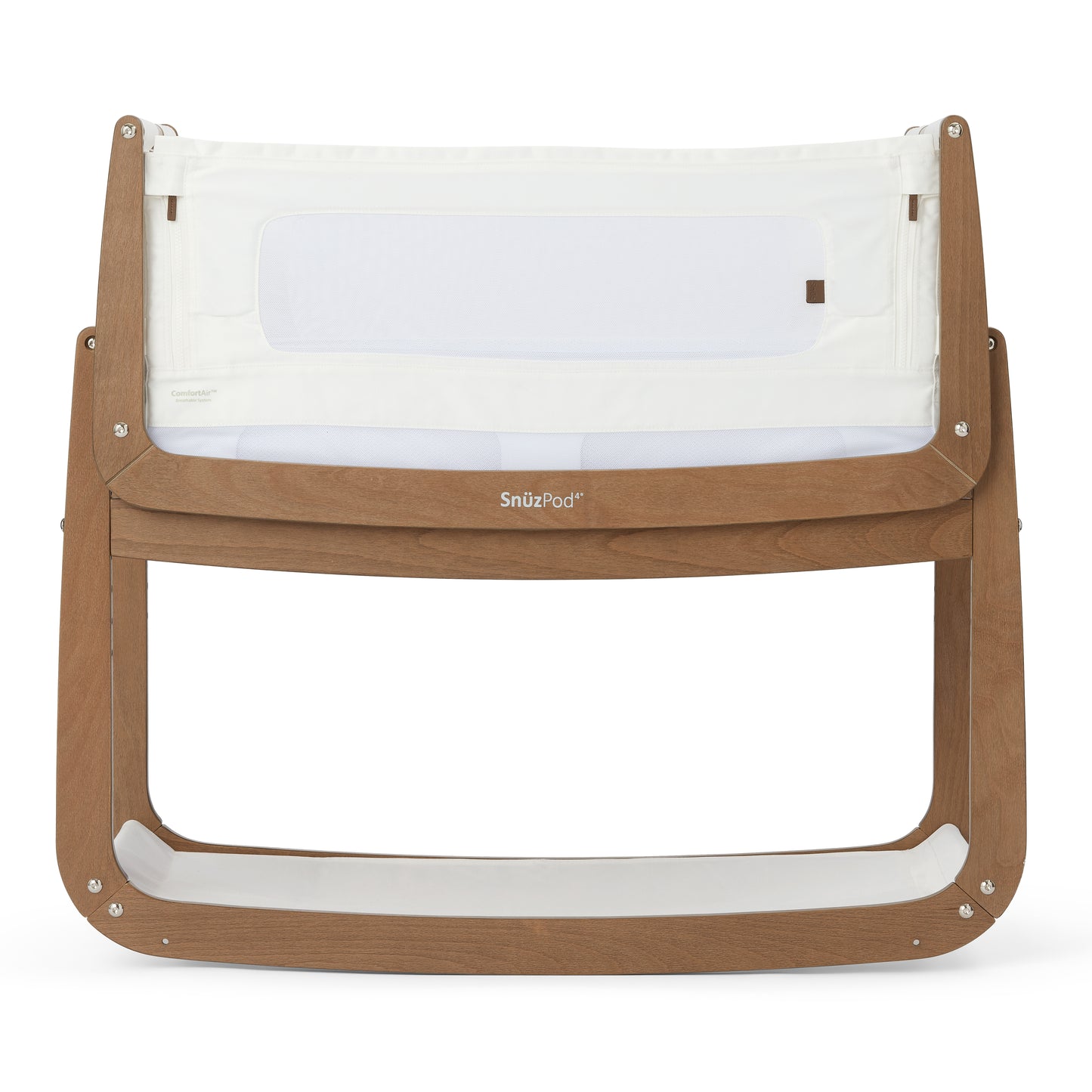 A Walnut Snuzpod bedside crib designed for infants, showcasing a modern and safe sleeping environment.