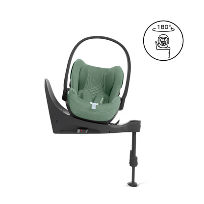 Cybex Cloud T car seat in leaf green, highlighting contemporary safety features.