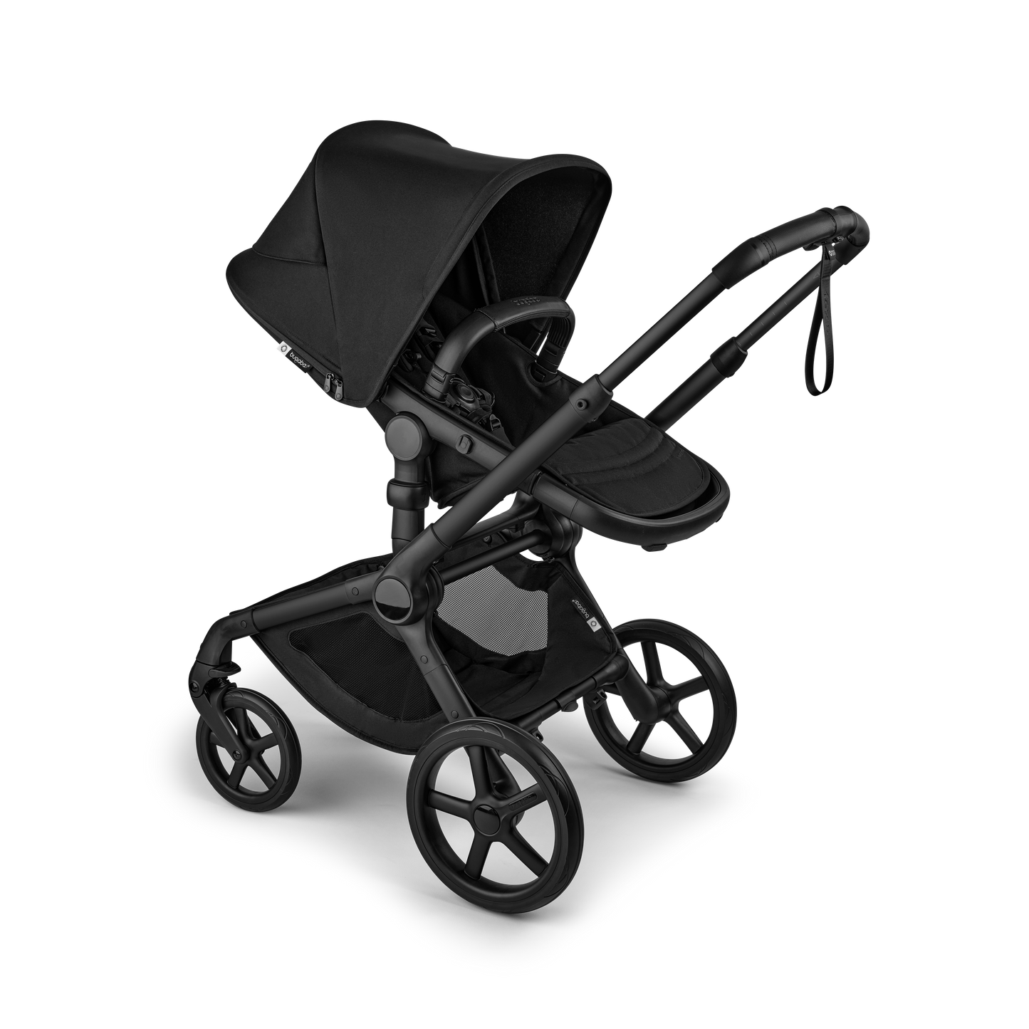 The Heritage Black Bugaboo Fox5 pushchair, equipped with a seat and carrycot fabric, offers a compact fold for all-terrain use.