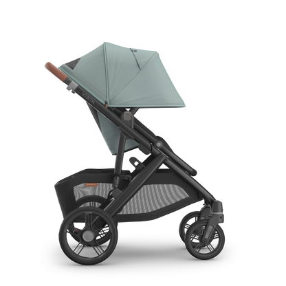 UPPAbaby Vista in Kenzi showcasing stroller with hood down