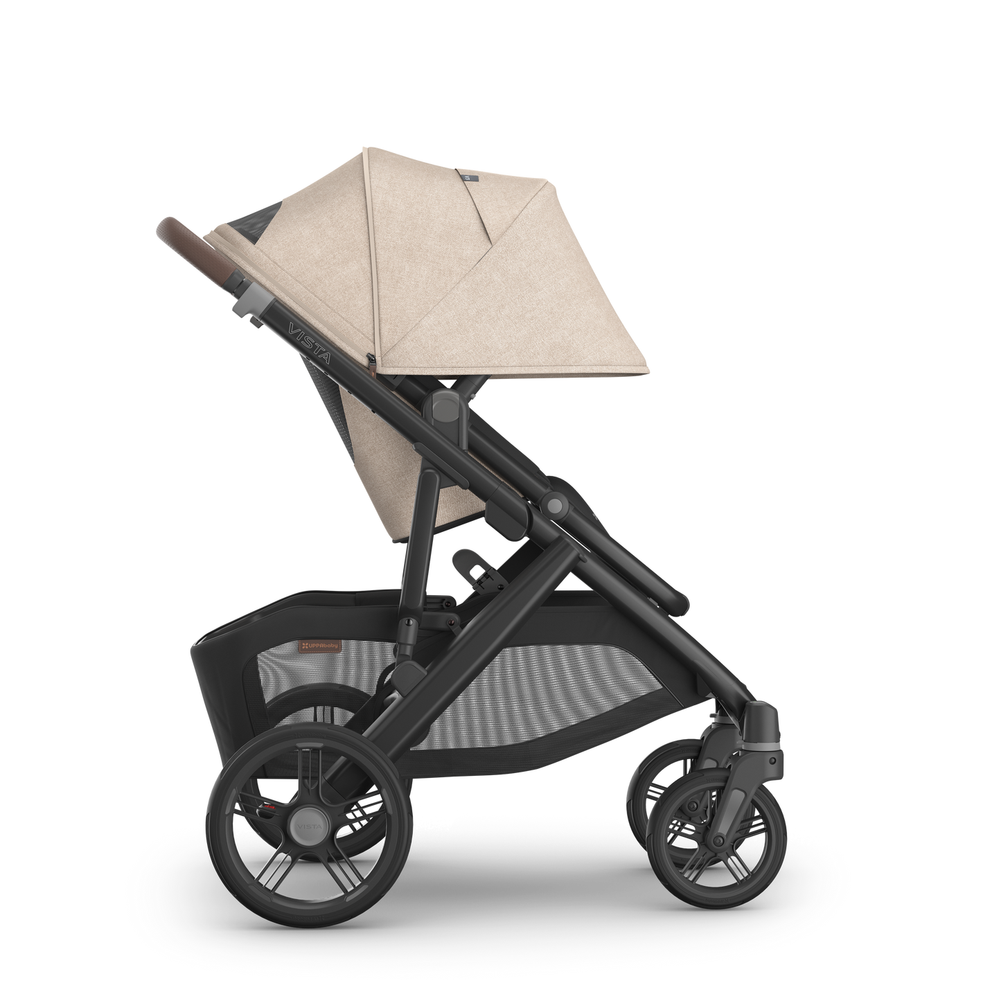 UPPAbaby Vista in Liam showcasing stroller with hood down