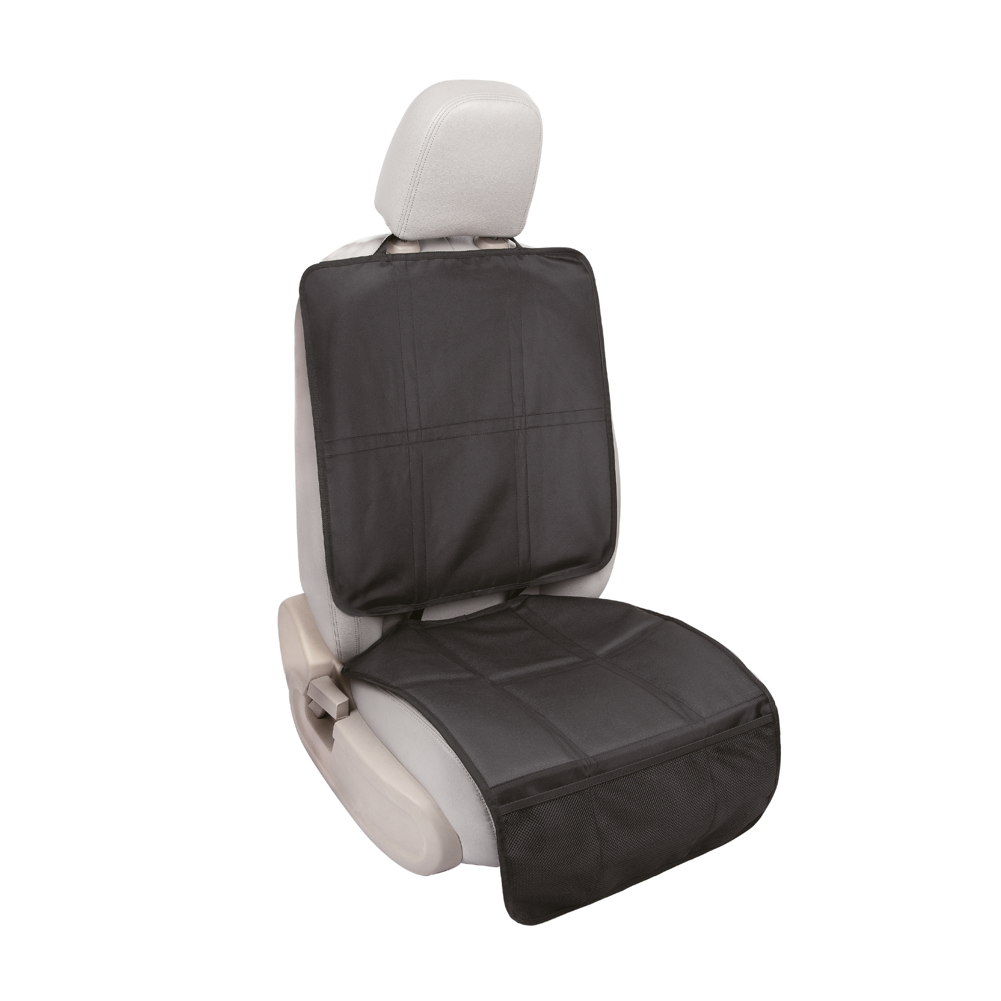 Car seat cover with storage pockets, designed as a seat protector for triple use and enhanced functionality.