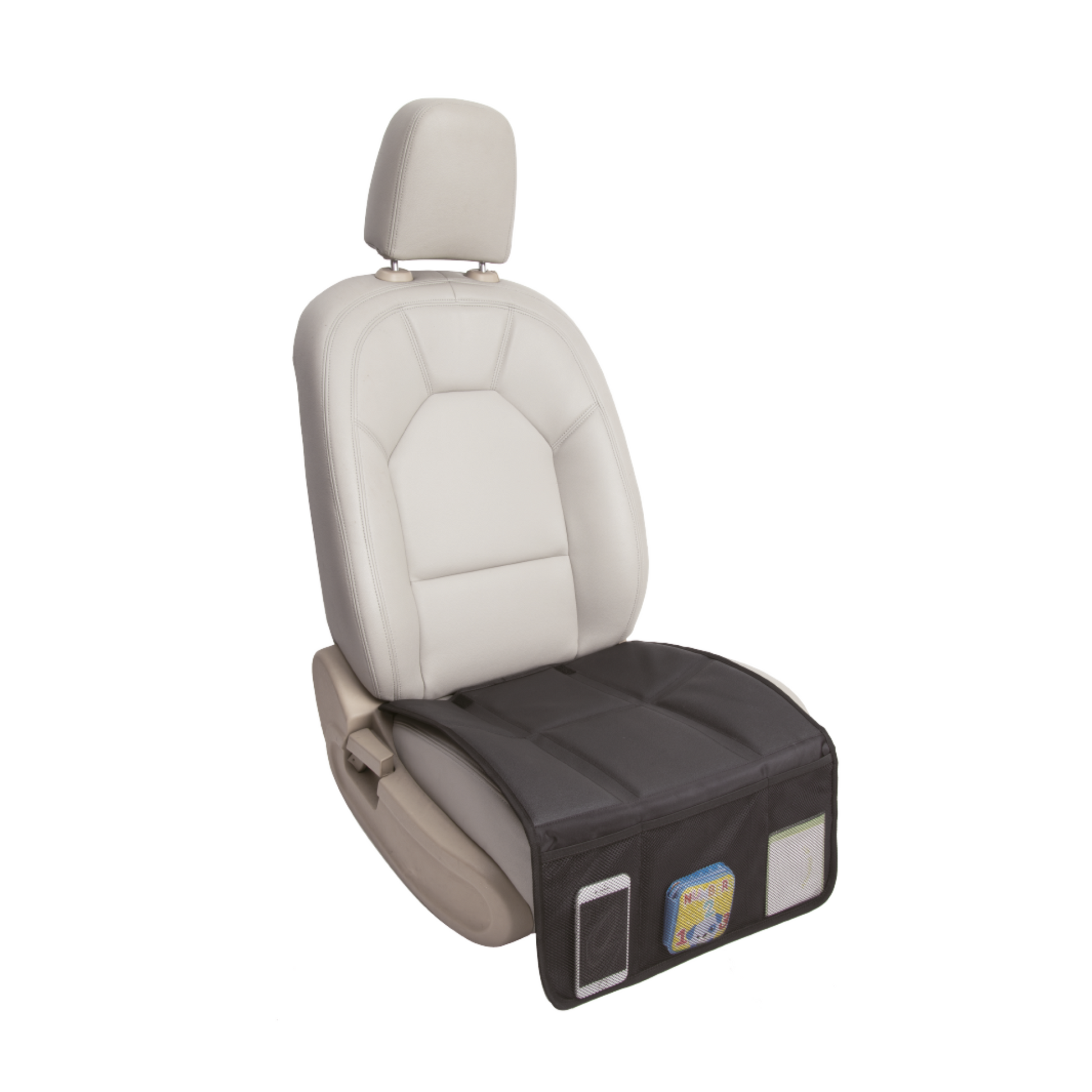 Car seat cover with storage pockets, designed as a seat protector for triple use and enhanced functionality.