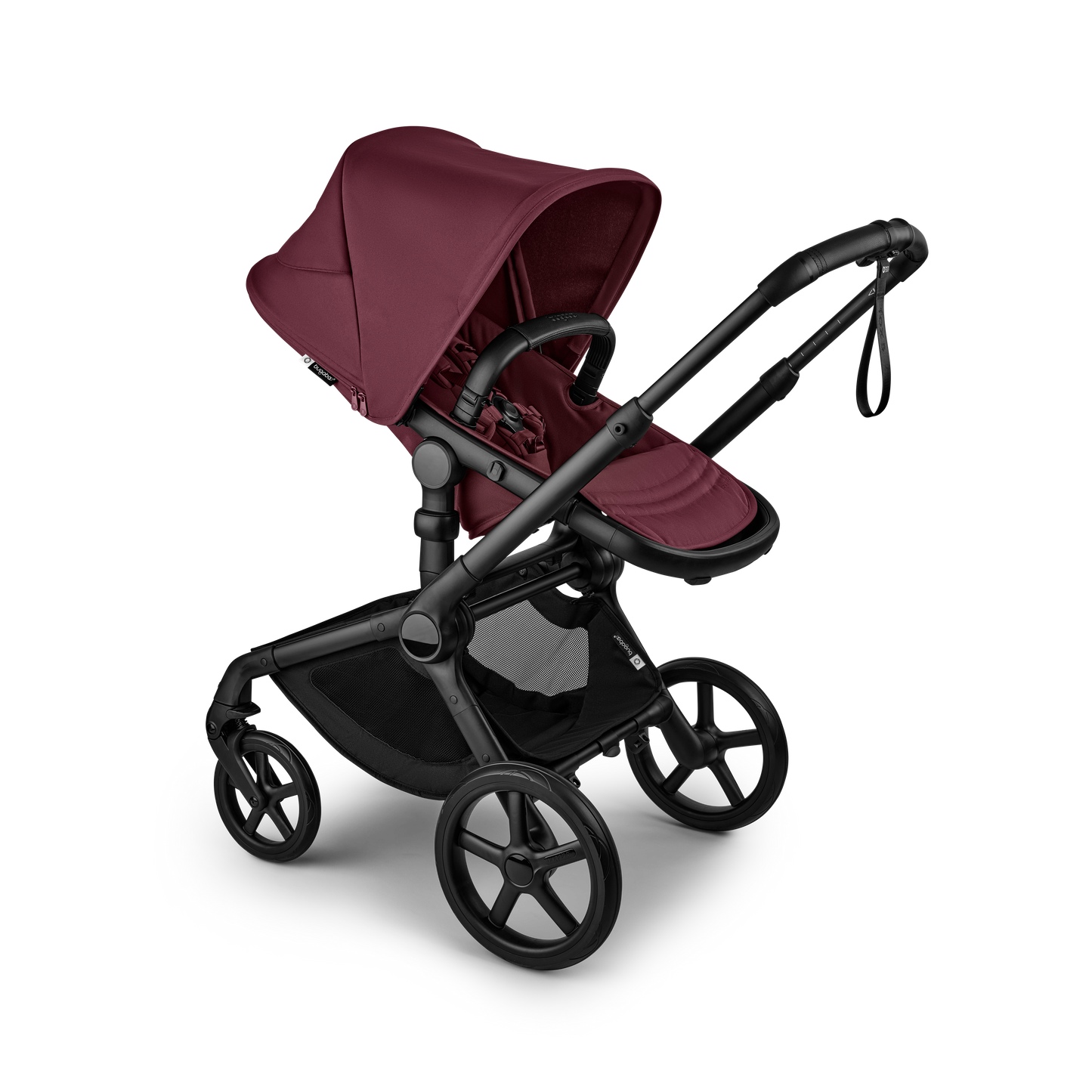 The dark cherry Bugaboo Fox5 pushchair, equipped with a seat and carrycot fabric, offers a compact fold for all-terrain use.