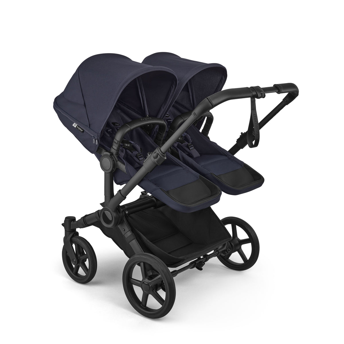 Bugaboo Donkey Twin travel system in deep indigo navy colour with matching accessories and cybex cloud s car seats and isofix bases.