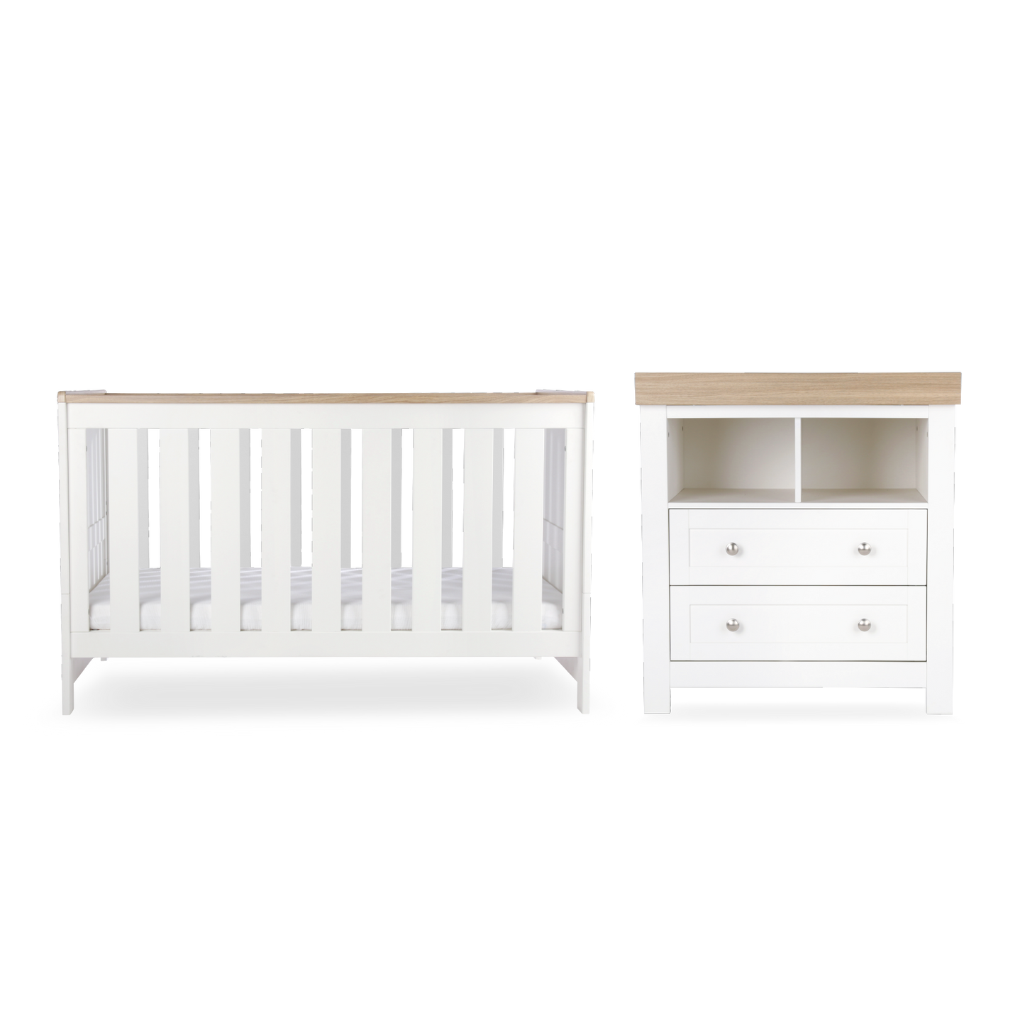 CuddleCo Burford 2 piece nursery furniture set in white with oak trim. Mattress not included.