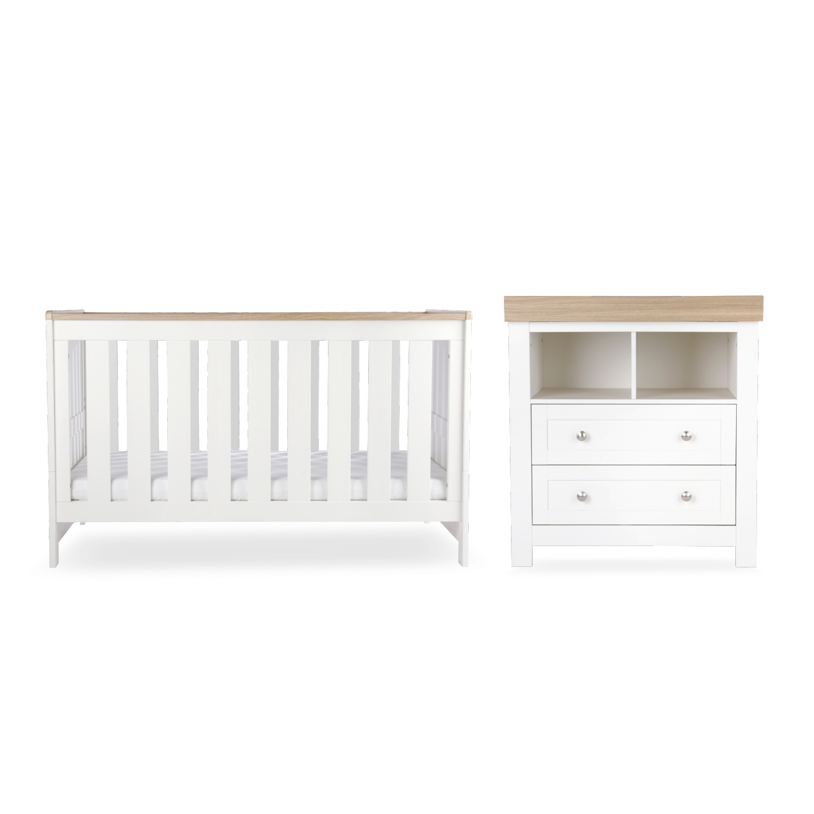 CuddleCo Burford 2 piece nursery furniture set in white with oak trim. Mattress not included.