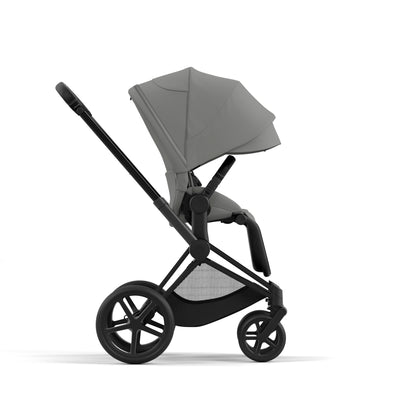 Cybex Priam matt black chassis with black handle and mirage grey seat pack.