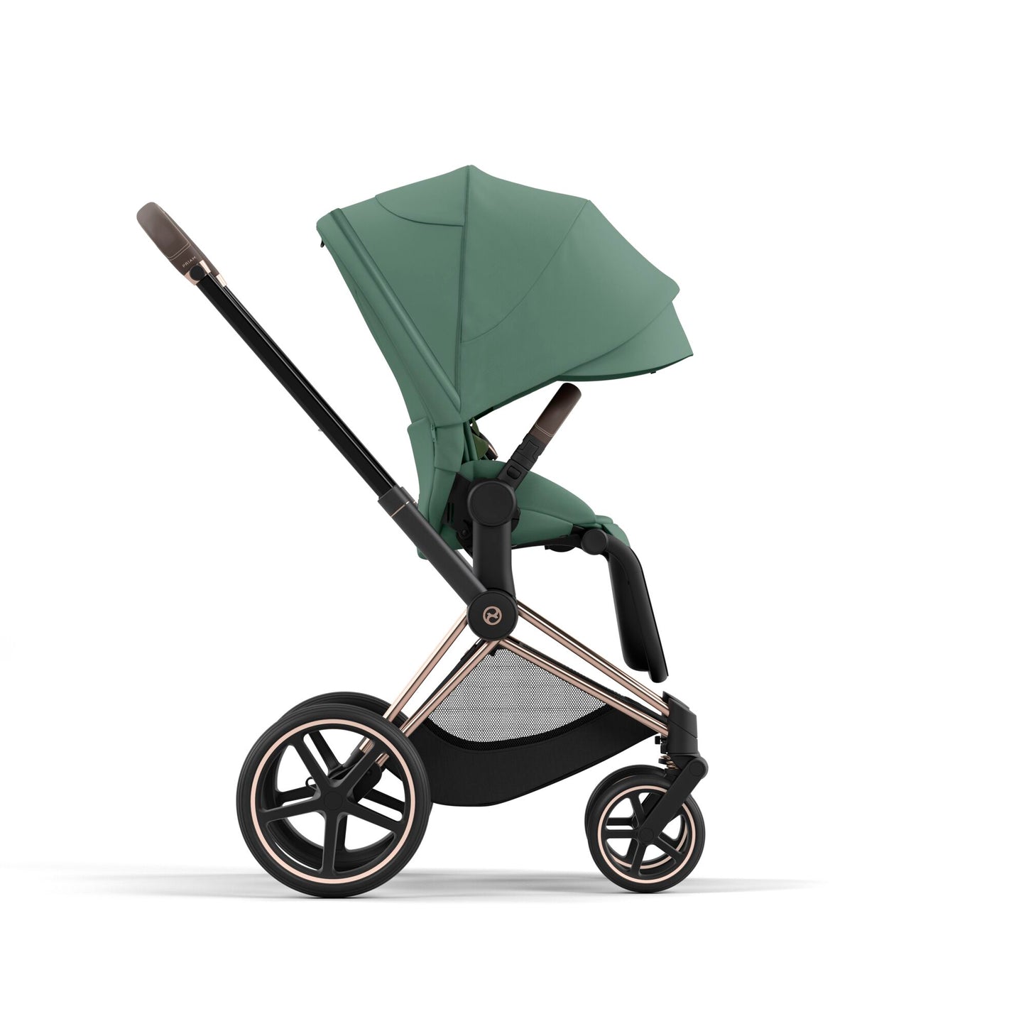 Cybex Priam rose gold chassis with bdark brown handle and leaf green seat pack.