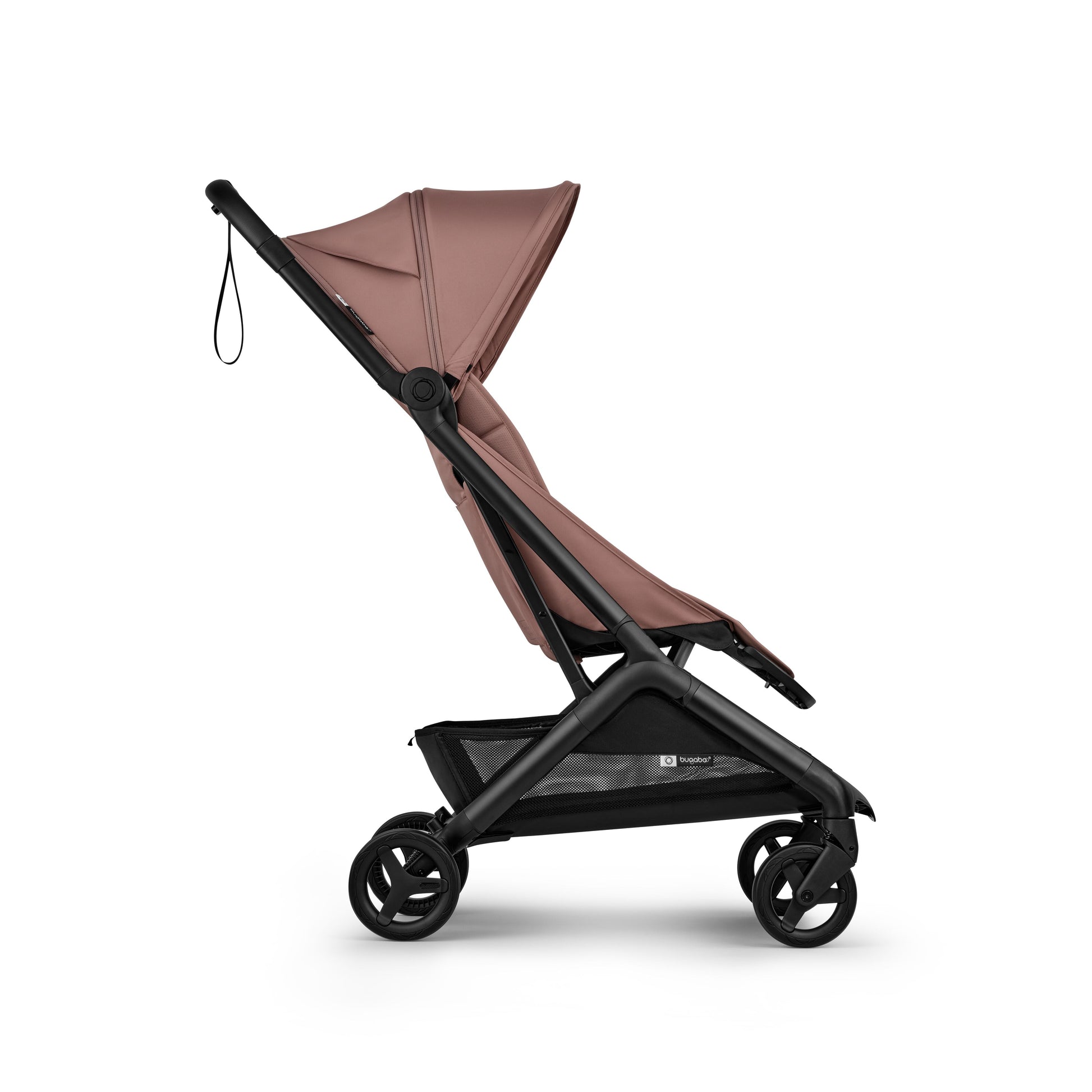 Bugaboo butterfly 2 stroller in dusty pink fabrics on a black chassis.